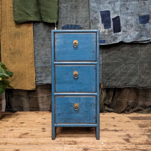 Blue Slim Chinese Lacquered Side Cabinet