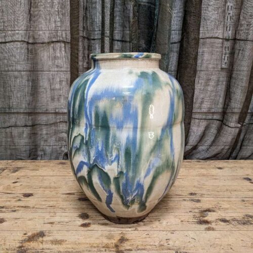 Antique Japanese Pottery Jar With Blue & Green Glaze