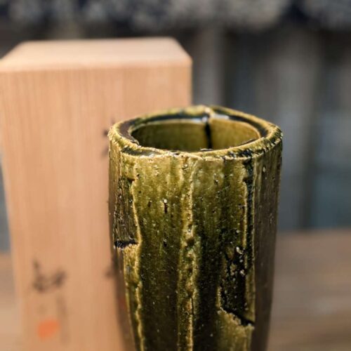 Vintage Japanese Green Pottery Vase - Oribe Glaze
