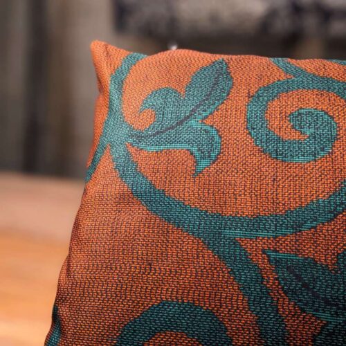 Throw Cushion with Vintage Japanese Woollen Cover - Orange & Blue Karakusa