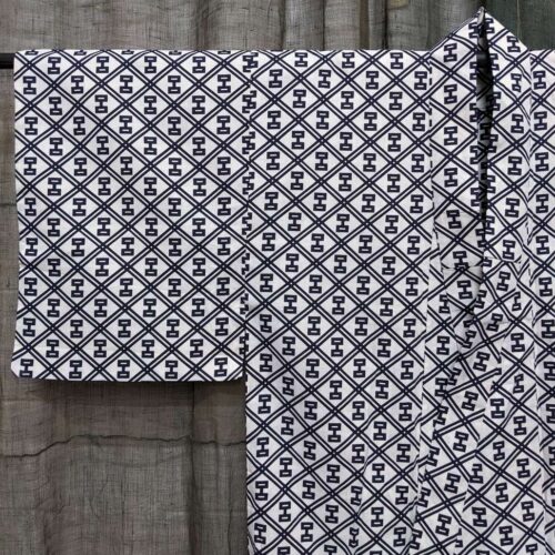 Yukata, Japanese Cotton Kimono - White, Blue Hishi Motif