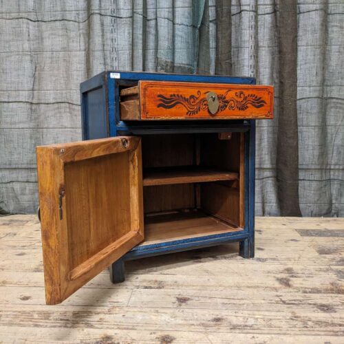 Provincial Style Chinese Lacquered Side Cabinet - Blue & Red