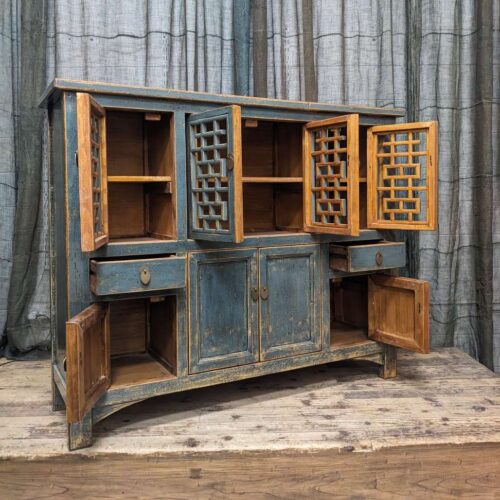 Chinese Lacquered Lattice Kitchen Cabinet - Blue/Grey
