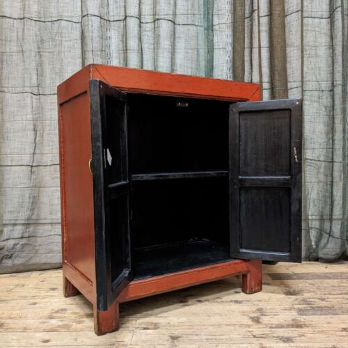 Chinese Red Lacquered Side Cabinet with Floral Doors