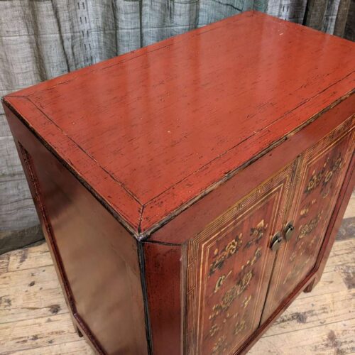 Chinese Red Lacquered Side Cabinet with Floral Doors