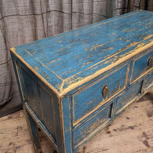 Chinese Blue Lacquered Three Drawer Hall Table