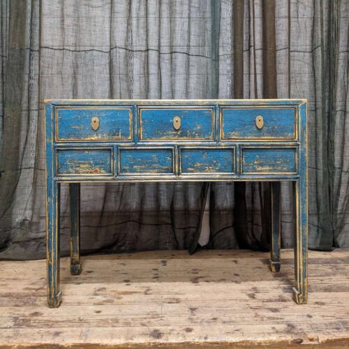 Chinese Blue Lacquered Three Drawer Hall Table