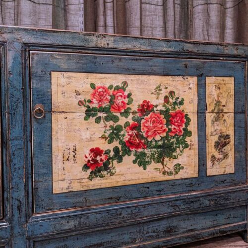 Antique Chinese Lacquered Sideboard from Gansu Province, Blue with Painted Doors