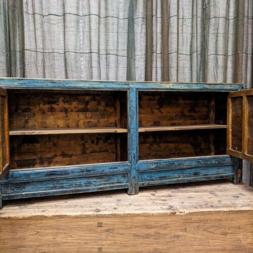 Antique Chinese Lacquered Sideboard from Gansu Province, Blue with Painted Doors