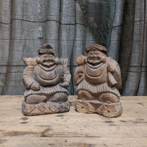 Ebisu and Daikoku Statues - Carved Wood | 1950's